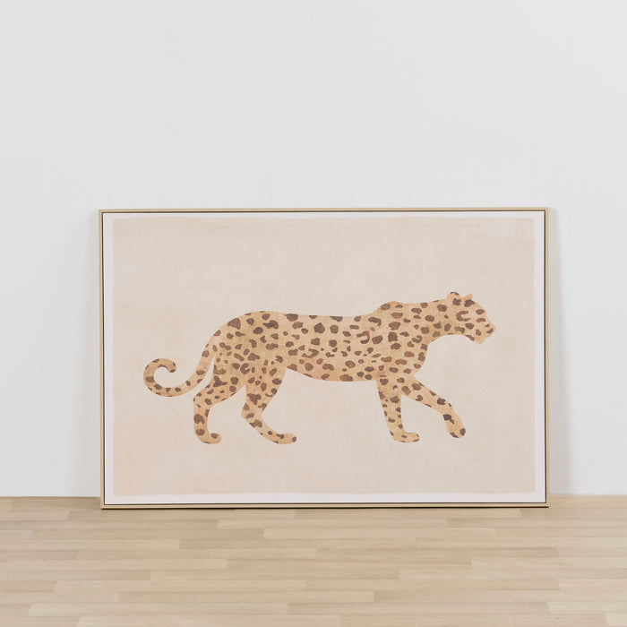 On The Prowl Framed Artwork featuring a spotted leopard silhouette in warm neutral tones, leaning against a white wall