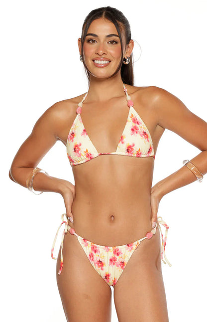 Palmera Yellow and Pink Floral Print Beaded Triangle Bikini Top