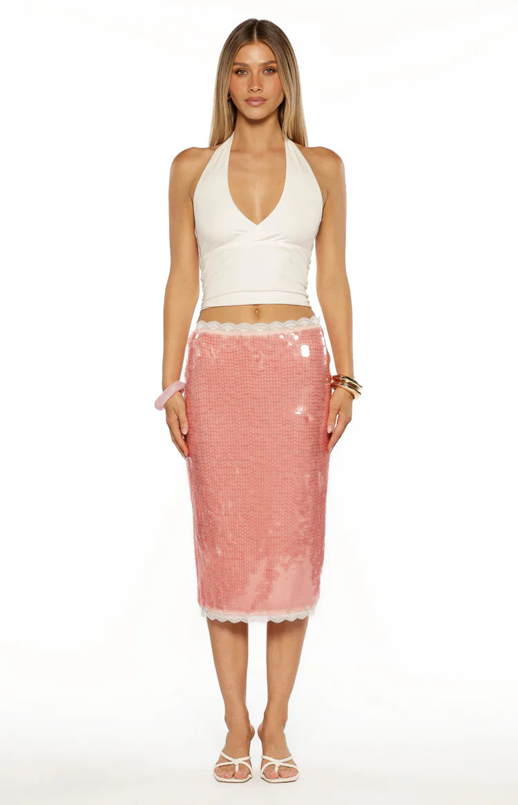 Petra Pink Sequin Lace Trim Midi Skirt