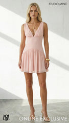 Chloe - Pink Mini Dress, chiffon V-neckline, corset cocktail party