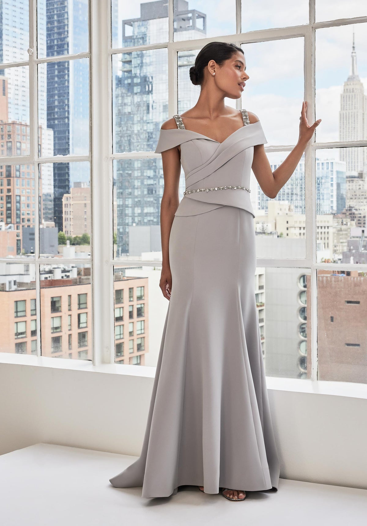 MGNY Madeline Gardner New York 73112 Long Formal Peplum Beaded Dress