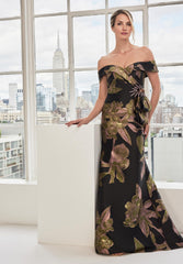 MGNY Madeline Gardner New York 73115 Long Metallic Floral Print Formal Dress
