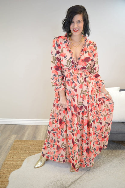 Hazel Blues® |  PREORDER Frill Printed V-Neck Flounce Sleeve Dress