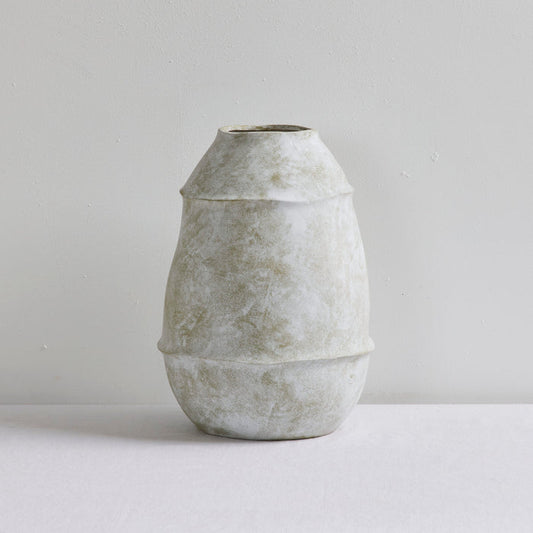 Sculptural Large Ornament - Cement, large tiered cement ornament with a handcrafted mottled finish and narrow opening