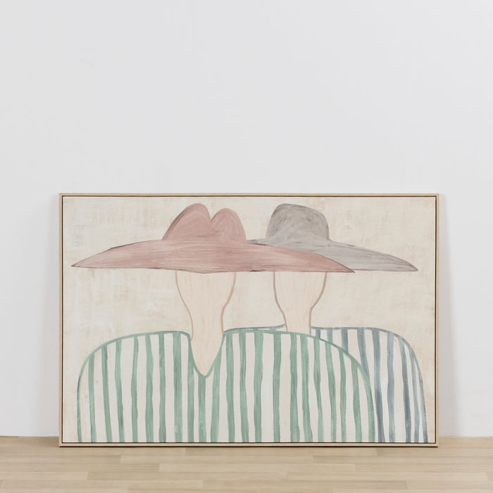 Shared Shade Framed Artwork featuring two abstract figures in muted tones with striped green forms, styled against a white wall
