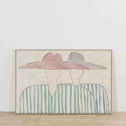 Shared Shade Framed Artwork featuring two abstract figures in muted tones with striped green forms, styled against a white wall
