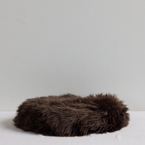 Sheepskin Seat Cushion - 40dia - Chocolate, round plush New Zealand sheepskin cushion in rich chocolate brown