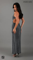 Cosmic - Silver Slate Grey Midi Cocktail Dress | Rhinestone glitter stretch jersey plunge V neckline side cut outs backless