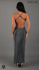 Cosmic - Silver Slate Grey Midi Cocktail Dress | Rhinestone glitter stretch jersey plunge V neckline side cut outs backless