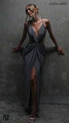 Cosmic - Silver Slate Grey Midi Cocktail Dress | Rhinestone glitter stretch jersey plunge V neckline side cut outs backless