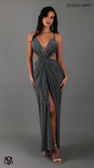 Cosmic - Silver Slate Grey Midi Cocktail Dress | Rhinestone glitter stretch jersey plunge V neckline side cut outs backless