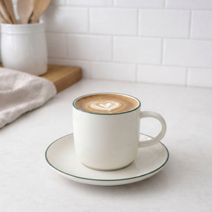 White mug with a cappuccino on a saucer on a white countertop.