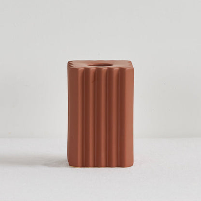 Stria Square Vase - Brick, warm brick ceramic vase with a structured square form and vertical ribbed detailing