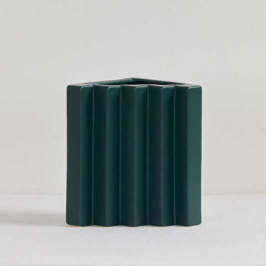 Stria Triangular Vase - Green, deep green ceramic vase with angled vertical fluting and sculptural triangular silhouette