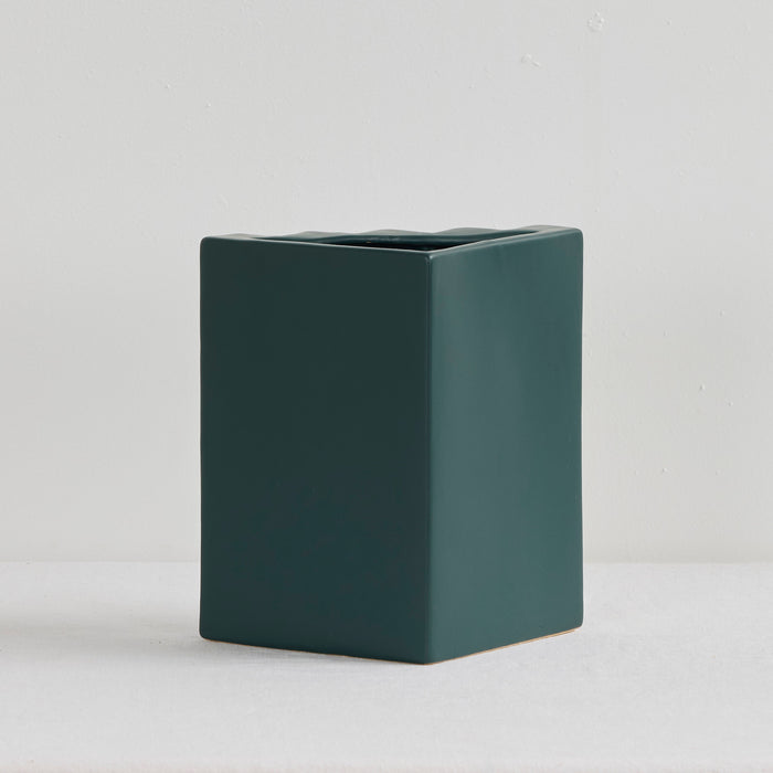Stria Triangular Vase - Green, deep green ceramic vase with angular silhouette and subtly fluted vertical detailing