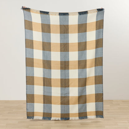 Tara Throw - Blue/Tan checked throw with blue, tan and cream blocks and fringed edges.