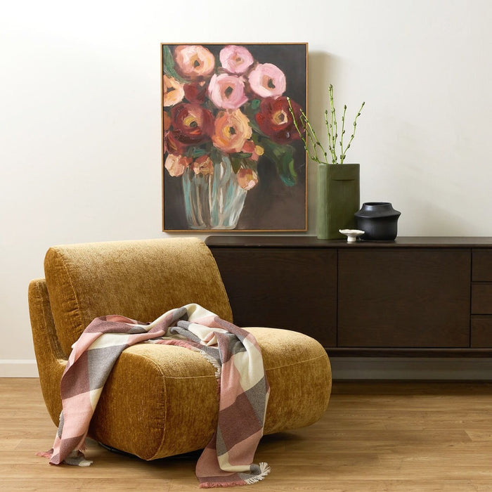 Tara Throw - Choco/Pink checked throw draped over a mustard armchair in a contemporary living room.