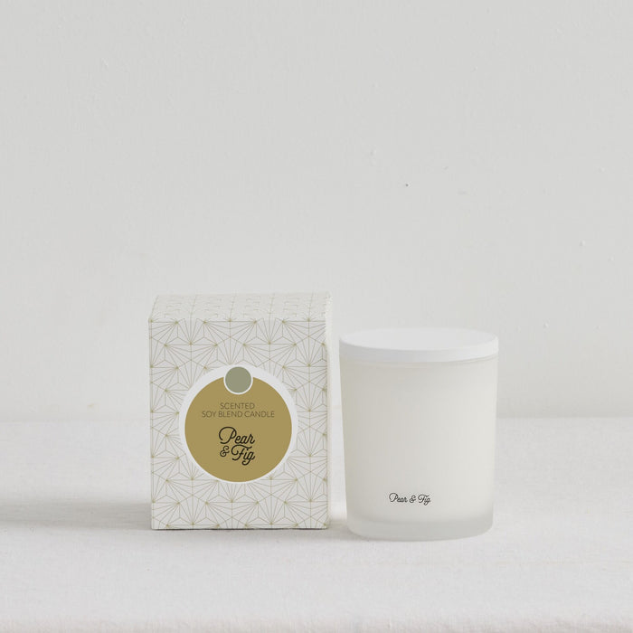 The Scent Collective Candle - Pear and Fig, white home fragrance candle with patterned box packaging