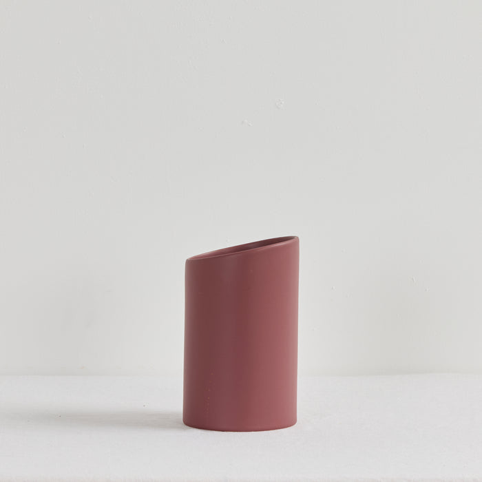 Tubular Small Vase - Port, compact port-coloured ceramic vase with a clean cylindrical silhouette and angled rim