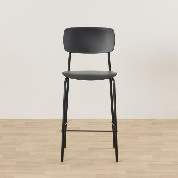 Vincent Counter Stool - Black, minimalist black counter stool with curved backrest, padded seat and slim metal frame.