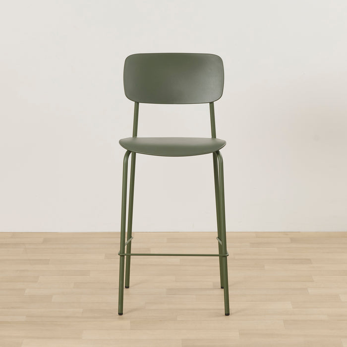 Vincent Counter Stool - Olive, minimalist olive green counter stool with curved backrest, padded seat, slim metal legs and footrest.