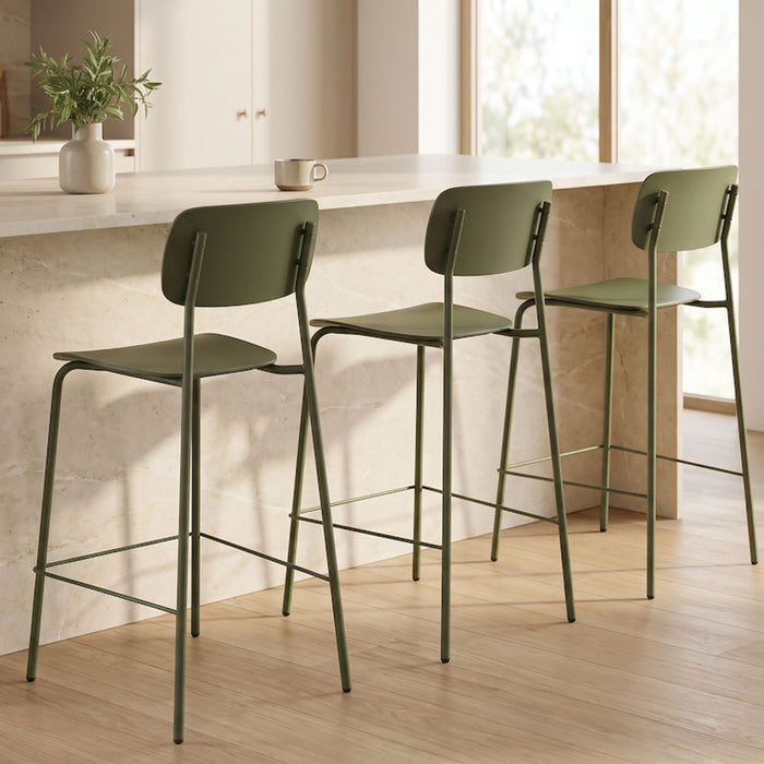 Vincent Counter Stool - Olive with curved backrest, streamlined seat, slender metal legs and footrest.