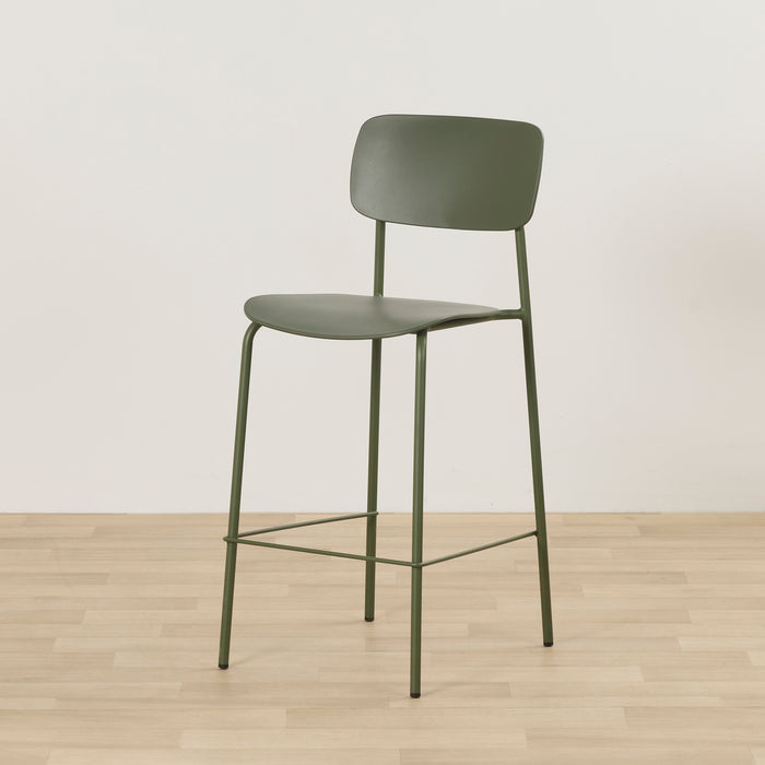 Vincent Counter Stool - Olive with curved backrest, streamlined seat, slender metal legs and footrest.