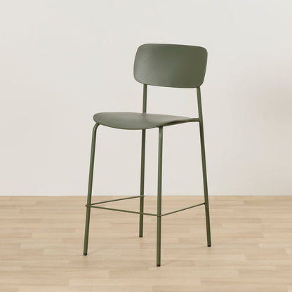Vincent Counter Stool - Olive with curved backrest, streamlined seat, slender metal legs and footrest.