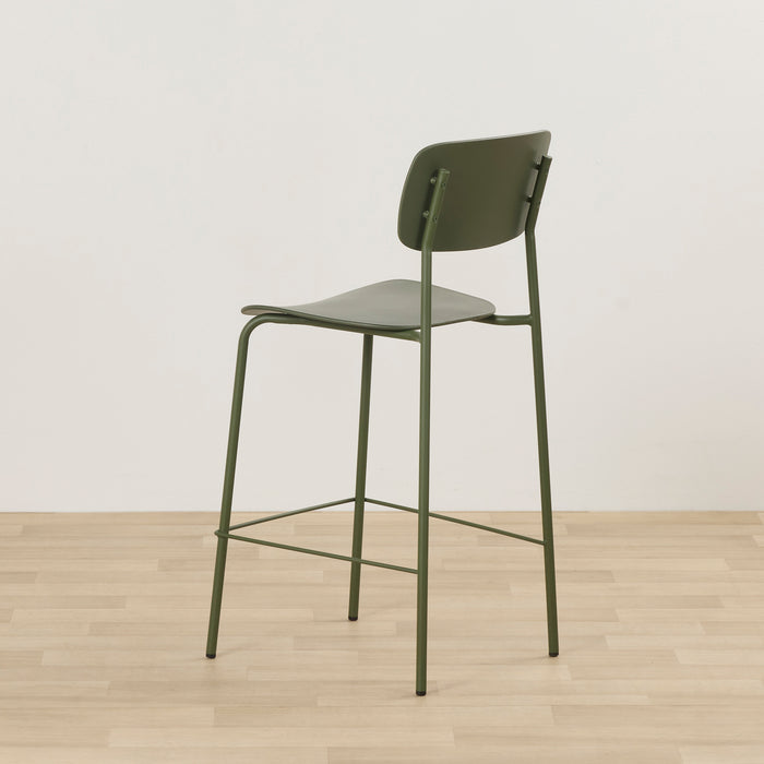Vincent Counter Stool - Olive rear view with curved olive seat, slim metal frame and footrest.