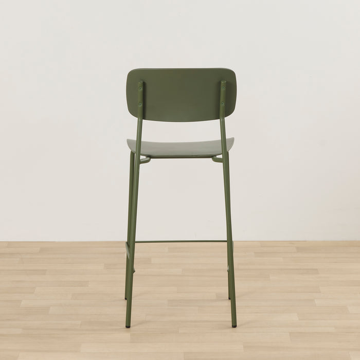 Vincent Counter Stool - Olive rear view with curved olive backrest, slim metal legs and footrest.