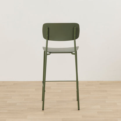 Vincent Counter Stool - Olive rear view with curved olive backrest, slim metal legs and footrest.