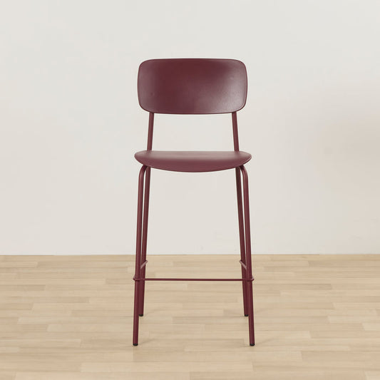 Vincent Counter Stool - Wine, minimalist wine-coloured counter stool with curved backrest, slim metal frame and footrest.