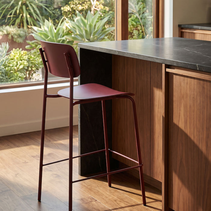 Vincent Counter Stool - Wine, minimalist wine-coloured counter stool with curved backrest, slim metal frame and footrest.