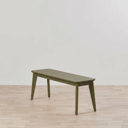 Whitby 120cm Bench - Green, retro-inspired green dining bench with solid rubberwood legs on timber flooring