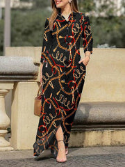 Print Lapel Button Long Sleeve Dress