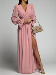V-Neck Elastic Waist Long Slit Dress