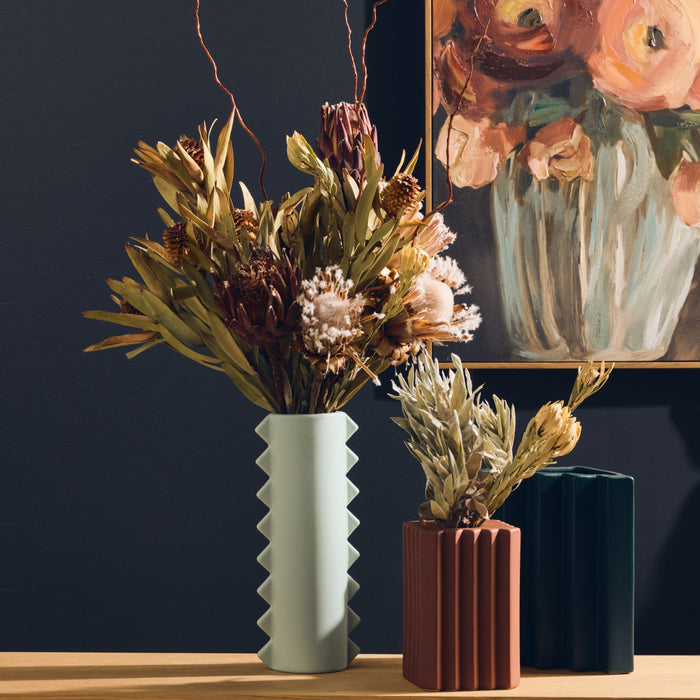 Zig Tall Vase - Sage, sculptural sage ceramic vase with zig-zag edges, styled with dried flowers