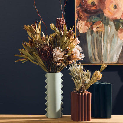 Zig Tall Vase - Sage, sculptural sage ceramic vase with zig-zag edges, styled with dried flowers